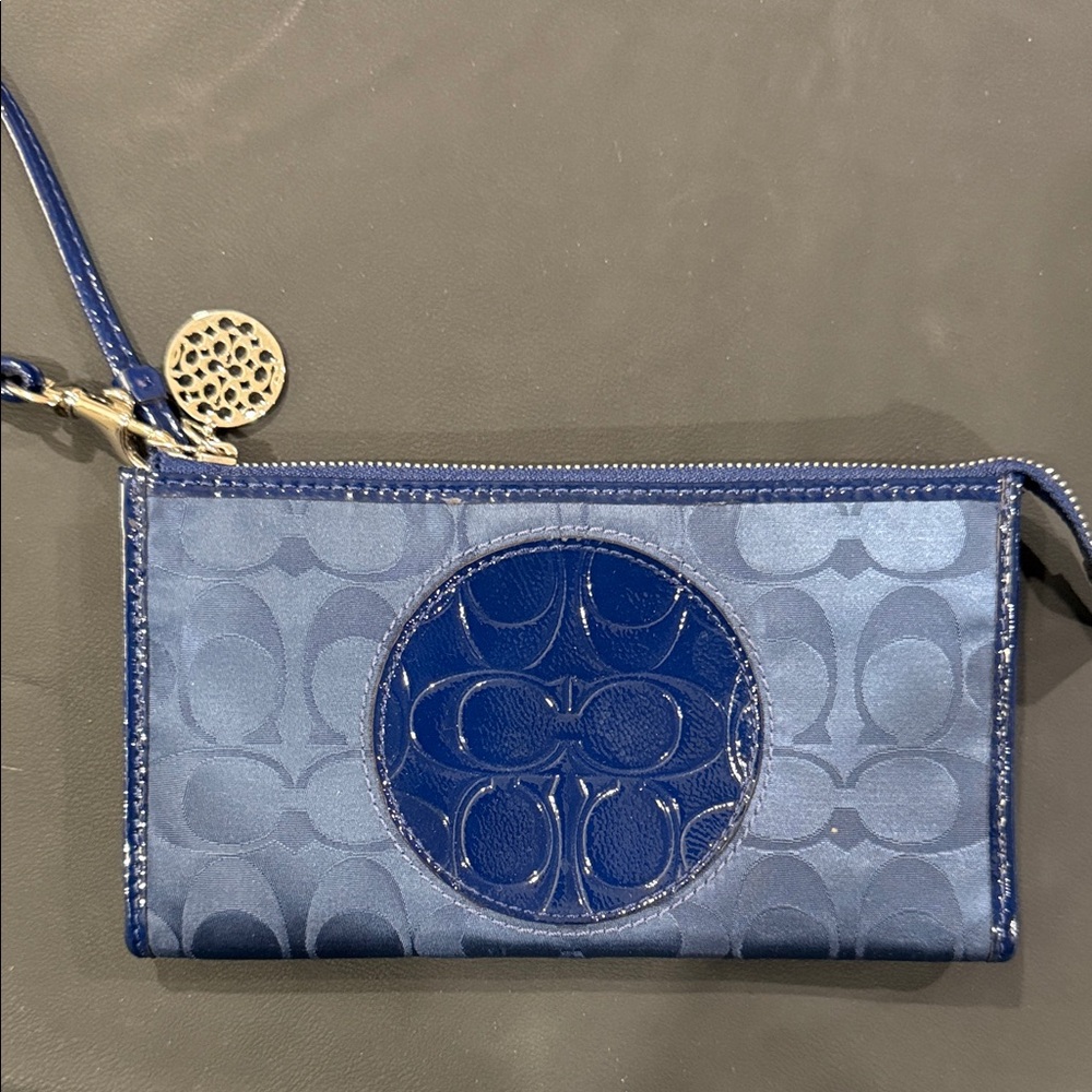 Coach Blue Signature Wristlet with Patent Circle Logo